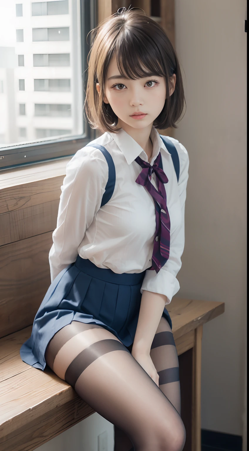 （8K、Raw photography、beste-Qualit、​masterpiece：1.2）​masterpiece,beste-Qualit、Super-High Resolution,Raw photo,ren,Beautiful fece,shorth hair,One person, 独奏,eye glass,,Dark look,Small breasts,fullllbody,Round glasses、cute little、japanese lady,is standing,Hard-eyed,skinny,Rasping,irate,small tits,flat breast（photorealisitc：1.37）、Photon mapping,Light blue ribbon,Realistic、Cute little face,Brown-eyed、Black socks、Red bow tie、Radio City、Physically Based Rendering、Foreground、depth of fields、Blurry background、The photograph,The girls、Body, Long legs, Thin leg, bob cuts,(Bangs are visible), Hair_ornament detached, s lips, Blue_The eye, nosesoft,  Light blue shirt, Navy blue and white plaid pleated skirt, Sheer clothing,, Thigh, Black cotton socks,Nogizaka Idol, 女優, Japan Idol