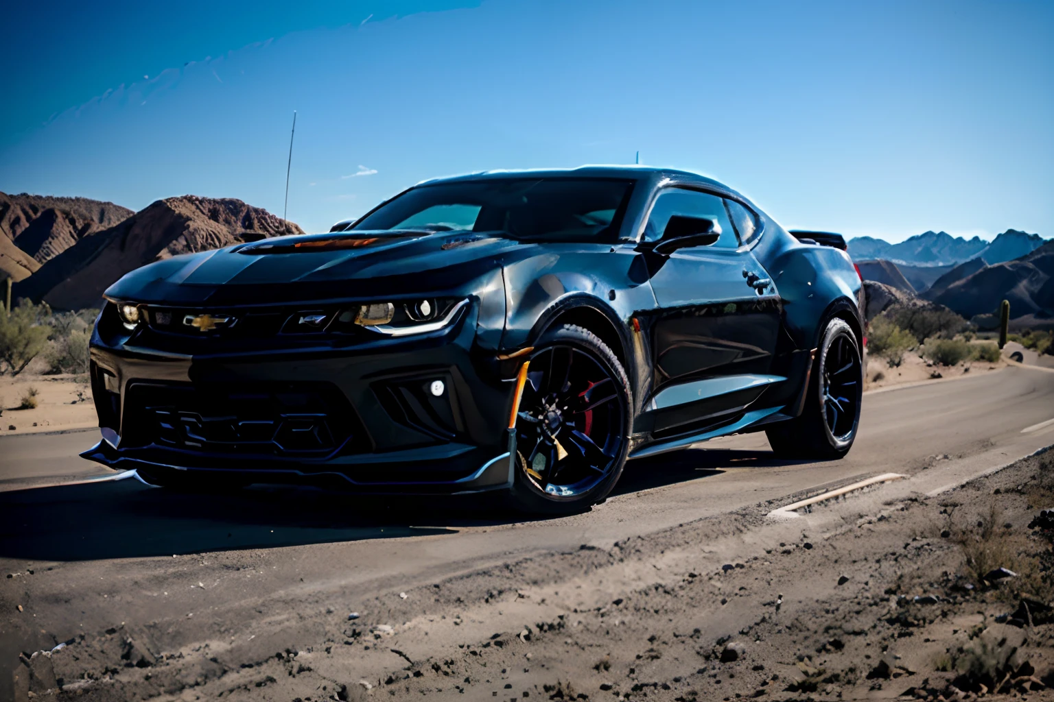 Masterpiece, best quality, 4k, automobile, black 2024 Chevrolet Camaro ZL1, Arizona desert backdrop, 3/4 view, cowboy shot, solo, single