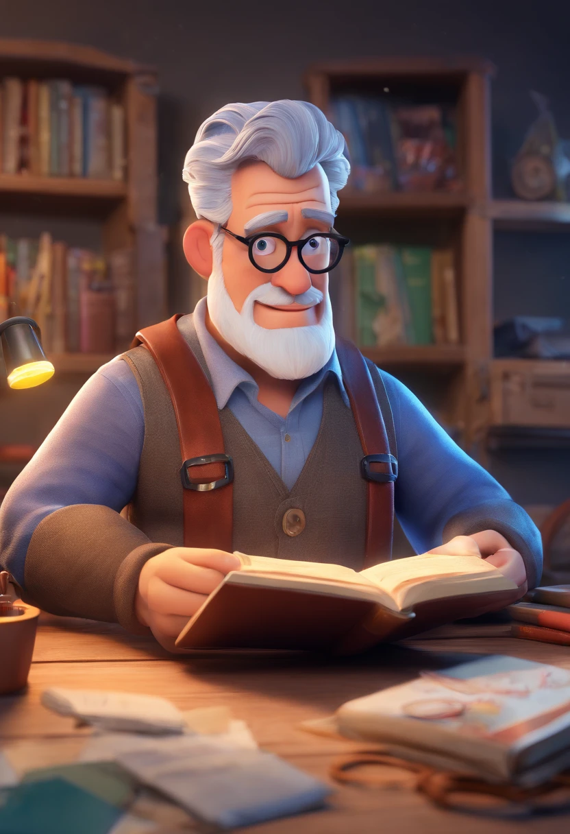 Create a Disney Pixar-inspired poster featuring the character of Pastor Rubens Janier, A gray-haired man wearing glasses, in an office with a Bible on the table