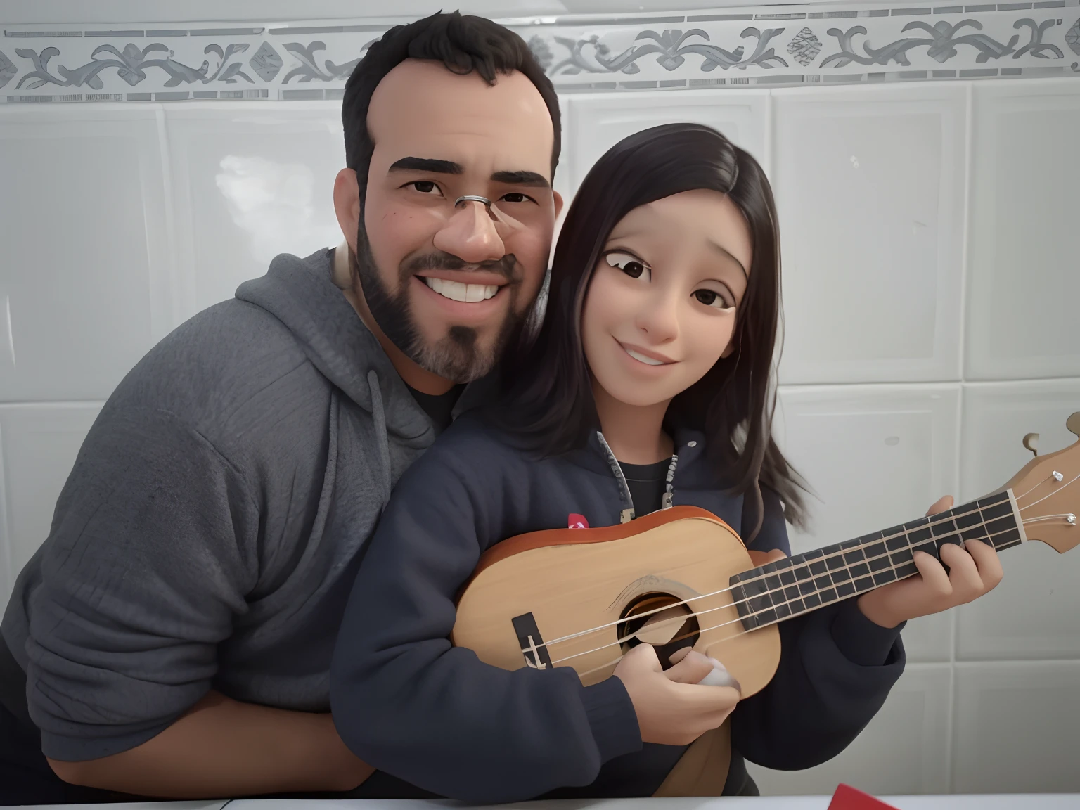Arafed homem e menina segurando um ukuleta em um banheiro, Directed by: Nandor Soldier, edu souza, Alanis Guillen, caio santos, ukulele, david rios ferreira, by Amelia Peláez, 🌻🎹🎼, icaro carvalho, andrea rocha, Carmelo Blandino, Directed by: David Ruby, foto de perfil