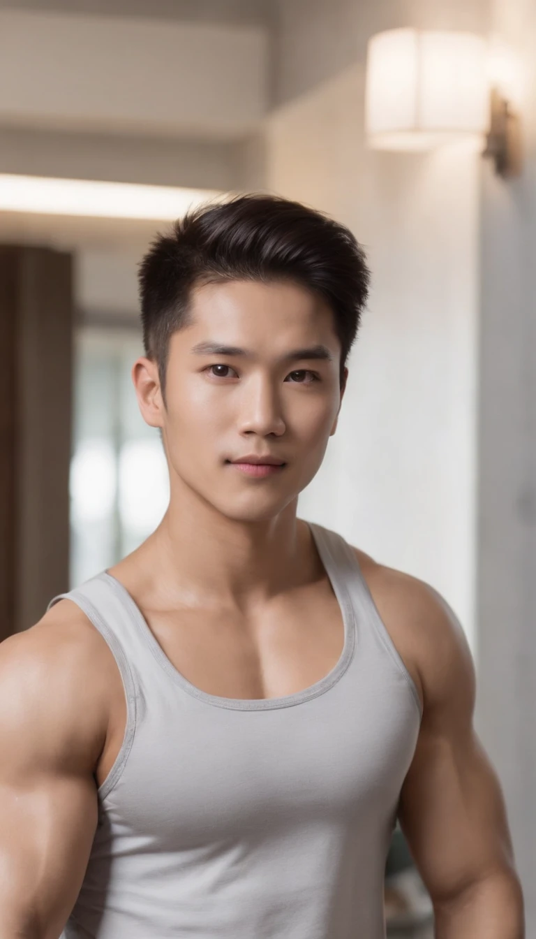 25 year old Asian muscular boy with short brown hair, shirtless 