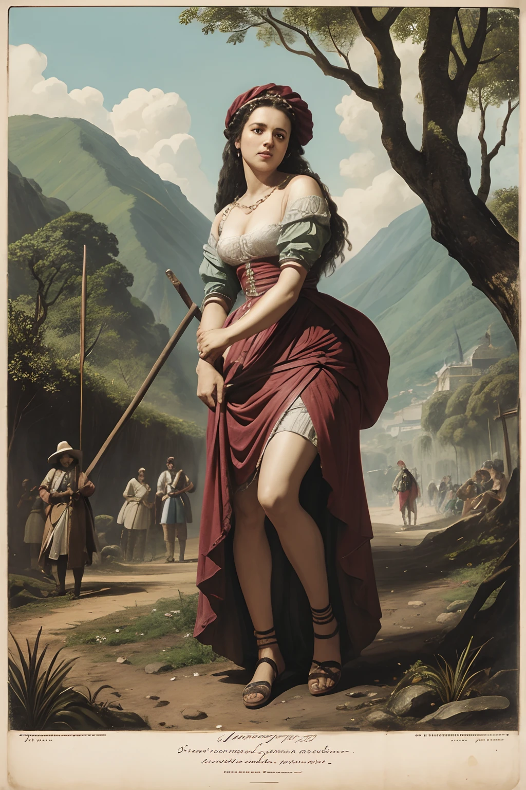 mulher acusada de bruxaria, She's stuck being dragged by people, sendo levada a um tronco, Condemned to the stake in a public square 1754 Brazil.
