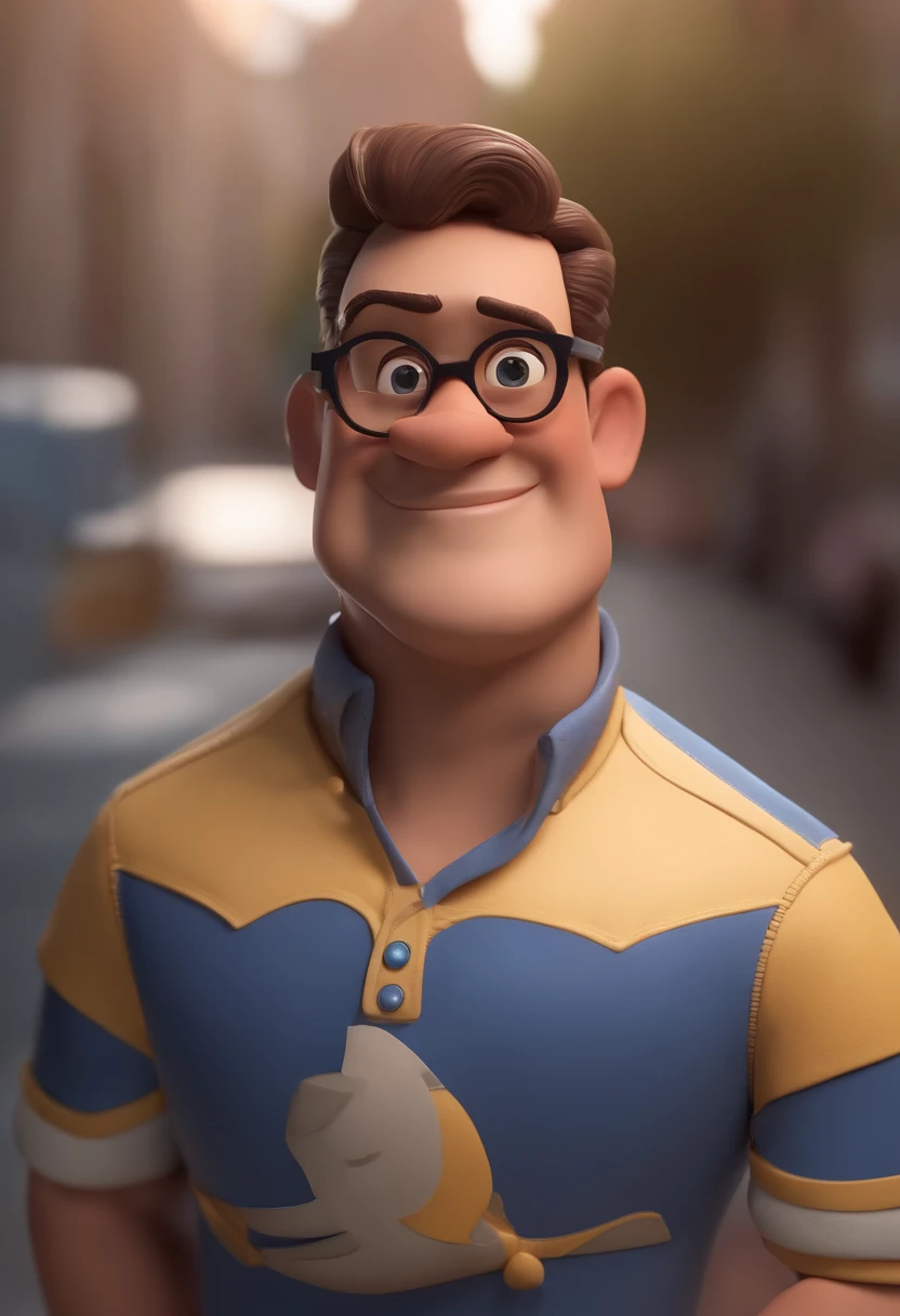 Cartoon character of a man wearing black glasses and a blue shirt, um personagem animado, Caractere estilizado, animation style rendering, 3D estilizado, Arnold Maya render, 3 d render stylized, toon render keyshot, Personagem 3D, Personagem 3D, 3d rendering stylized, 3 d character render, personagem de desenho animado, Personagem de close up, Pose de personagem, (Estilo Pixar) (master part:1.2) (Bokeh) (best quality) (pele detalhada) (textura detalhada) (8k) (argila) (Cinematic lighting) (foco nítido，Senta e vaza a parte superior do corpo