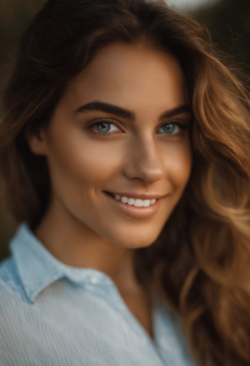 Obra maestra, realista, ojos detallados, Beautiful, Mirando al espectador, natural lighting, Profundidad de campo, Film grain, 24yo, hembra, joven, solamente, Cabello muy rubio largo y ondulado, ojos azules, Blanco, Camisa formal, They are smiling. , labios, Parte superior del cuerpo, retrato, primer plano, Front view, exterior