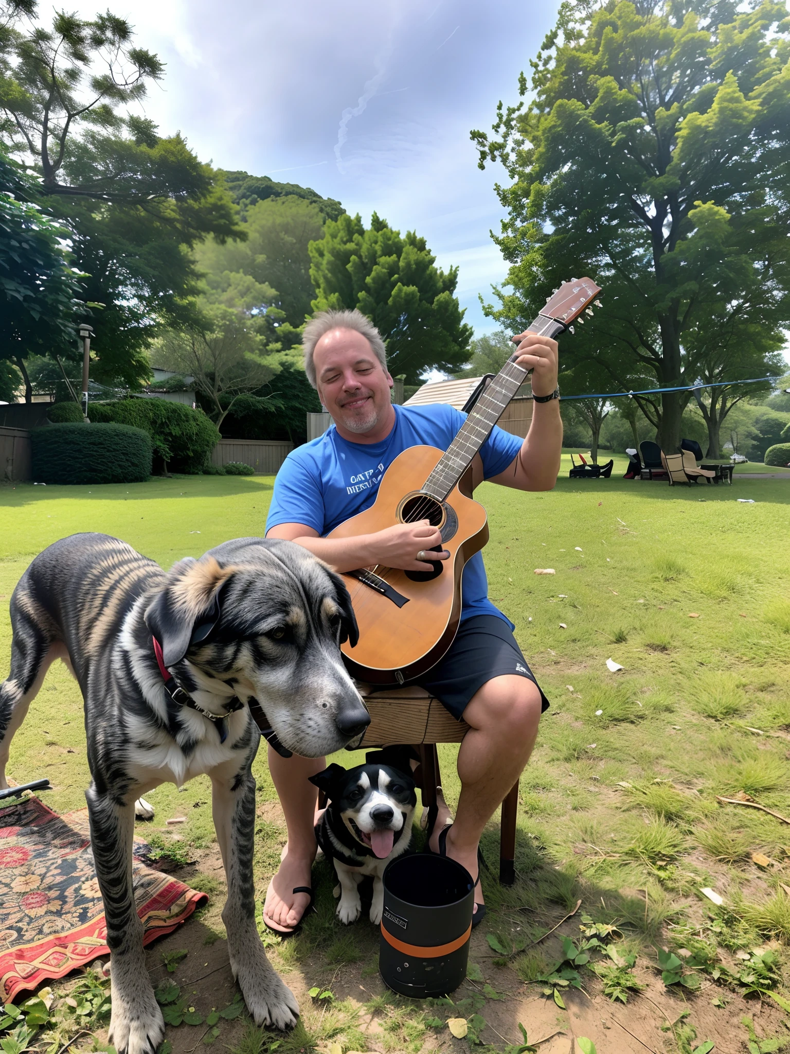 There's a man sitting in a chair with a guitar and a dog, jamming to music, playing the guitar, with dogs, music, tocando guitarra, playing a guitar, badass composition, with stray dogs, Album art, unusual composition, Directed by: Milton Menasco, em harmonia com a natureza, cantor e compositor, jony ives, holding a guitar, por Dicky Doyle