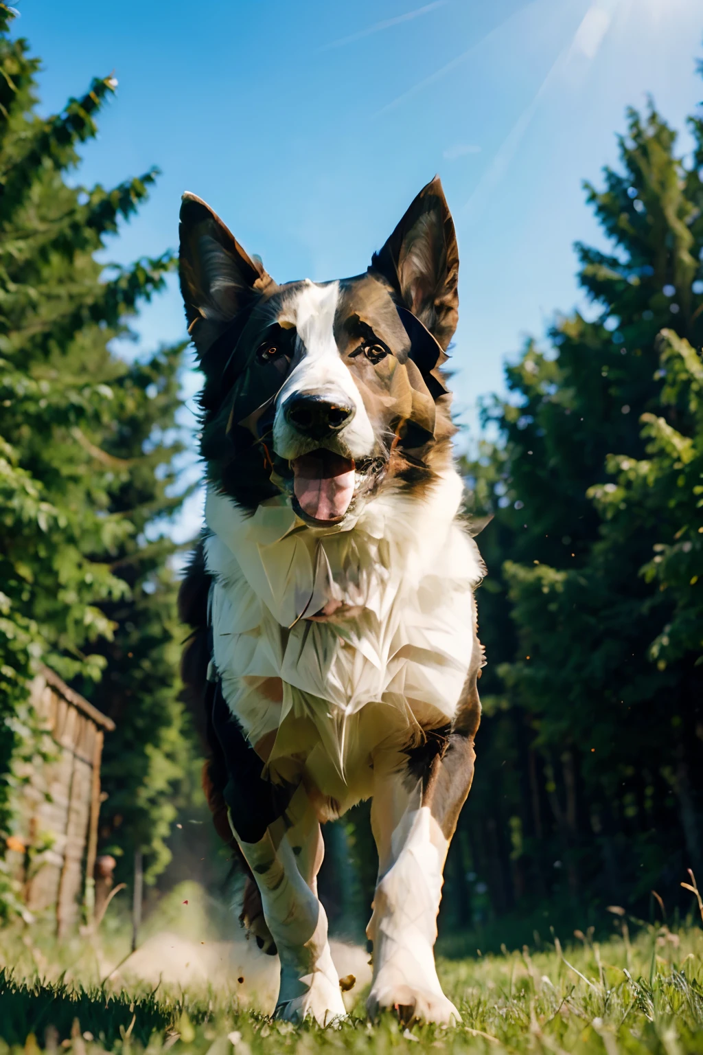 (best quality,highres),border collie running in the wild,beautiful detailed eyes,sharp focus,fluffy fur,energetic pose,vivid colors,natural lighting,lush green grass,wide open sky,fast movement,dynamic composition,action shot