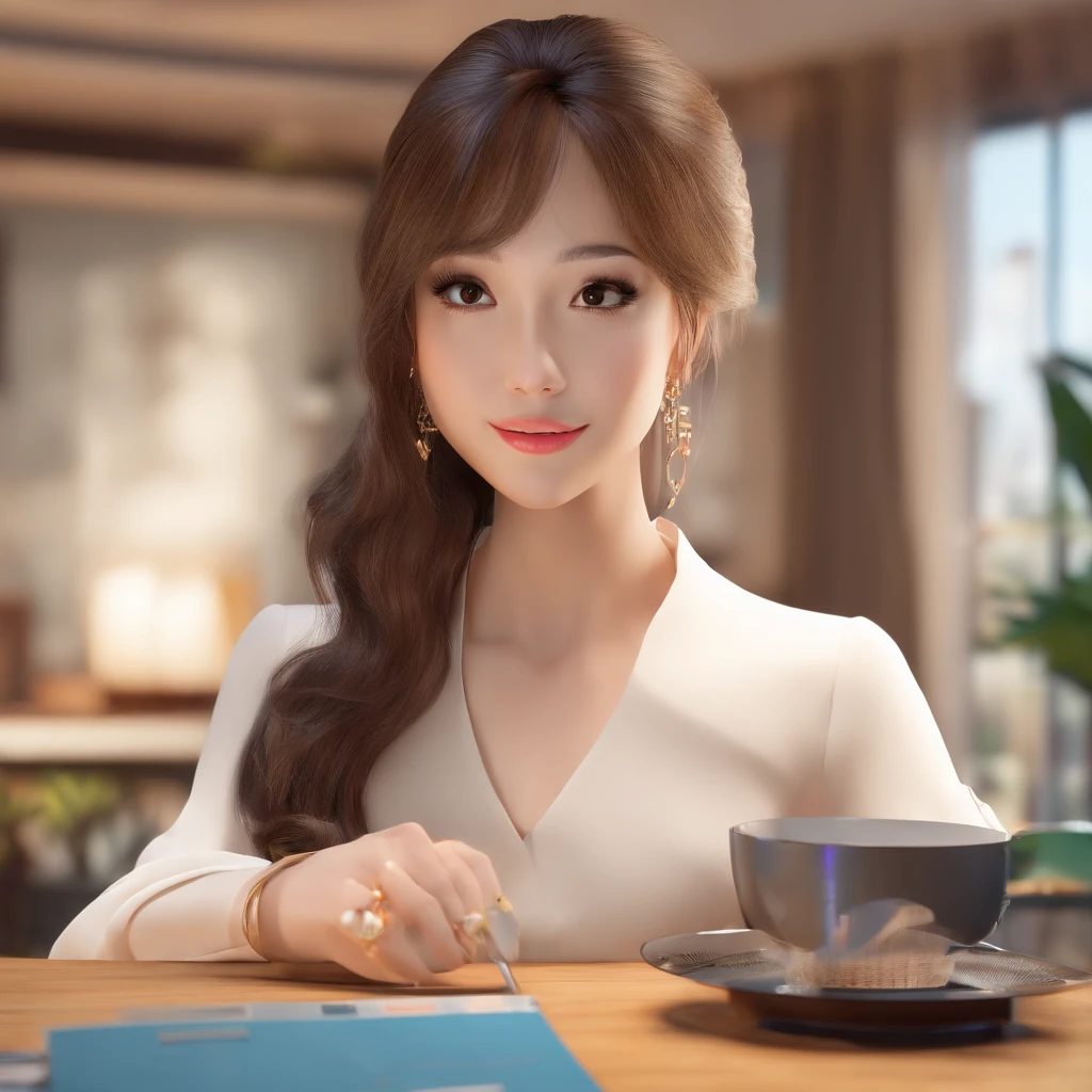 (8k, best quality, master part:1,2), (Realistic, photo-realistic:1,37), Qualidade Superior, master part, uma mulher bonita, Want to have coffee, a cup of coffee, estilo elegante. Indonesian feminine style, Pele branca limpa, Olhos bonitos, medium hair, wears a watch