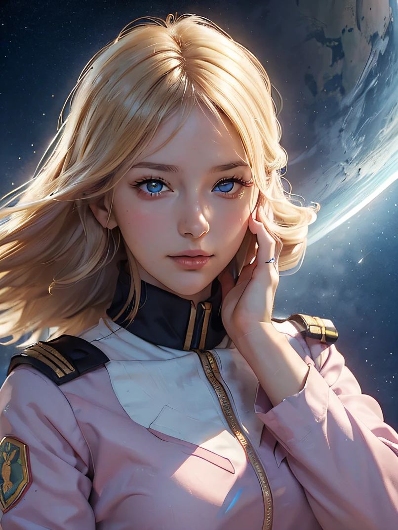 A beautiful blonde European with green eyes wearing a tight-fighting low-cut sentai space uniform, baremidriff, partially unzipped uniform, hint of nipple