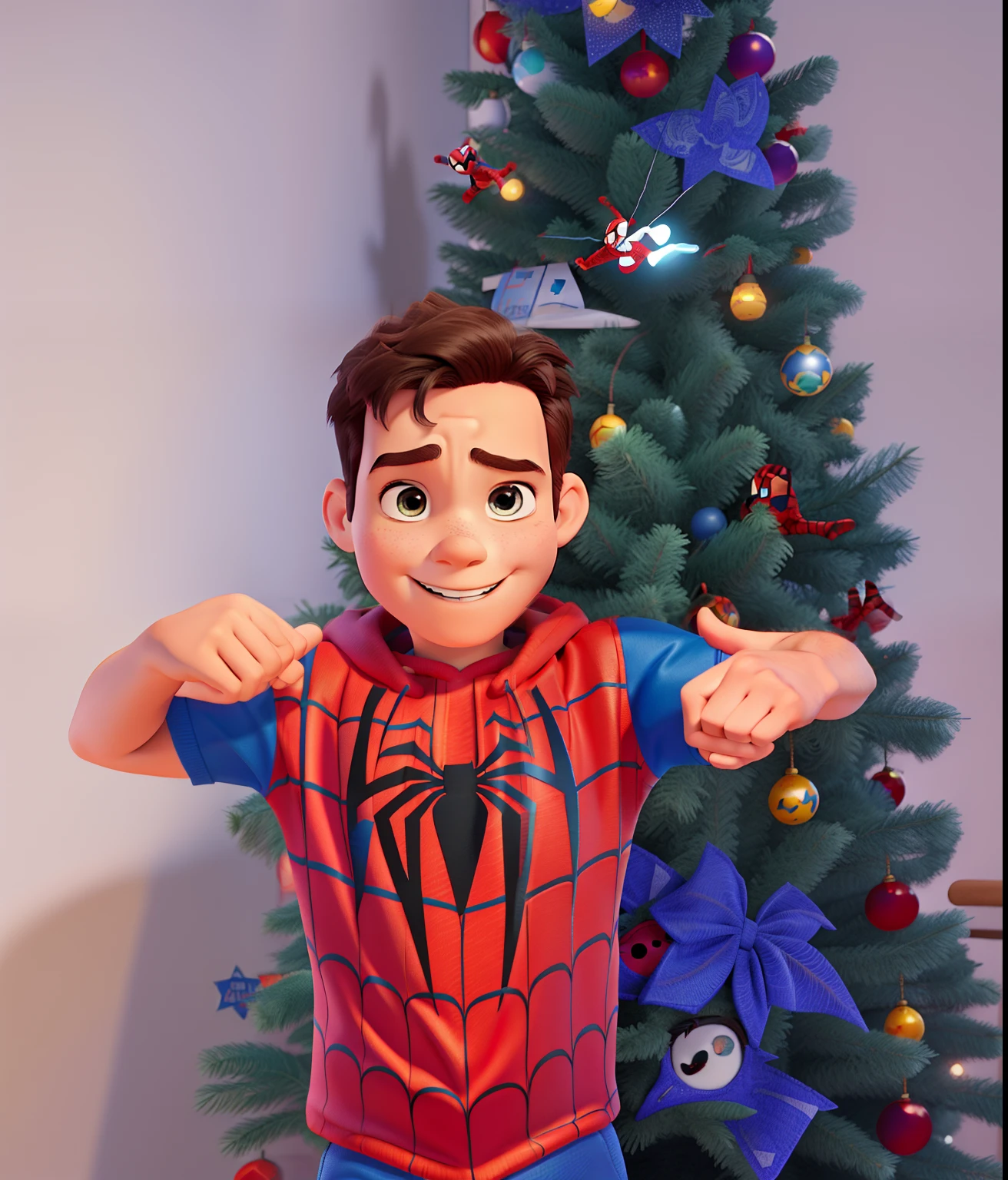 Poster Disney pixar, alta qualidade, melhor qualidade, Child dressed up as Spider-Man, no fundo seria predios