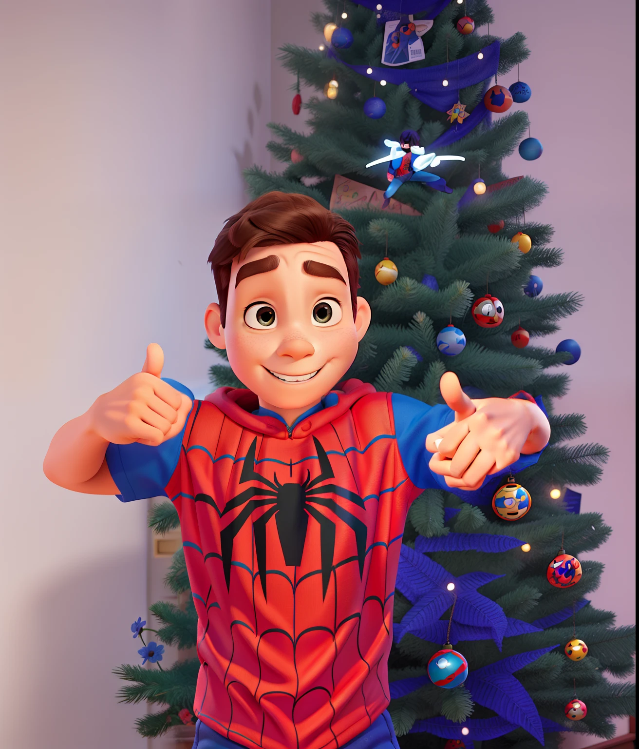 Poster Disney pixar, alta qualidade, melhor qualidade, Child dressed up as Spider-Man, no fundo seria predios