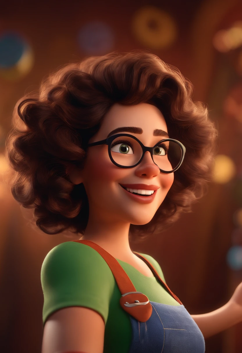 Pixar style image with 3D character white glasses brunette woman short curly hair dancing, Maquiagem Disney,Pescador, bonitinho, sorridente ,Close-up, Pixar, Disney, Cinema lighting,