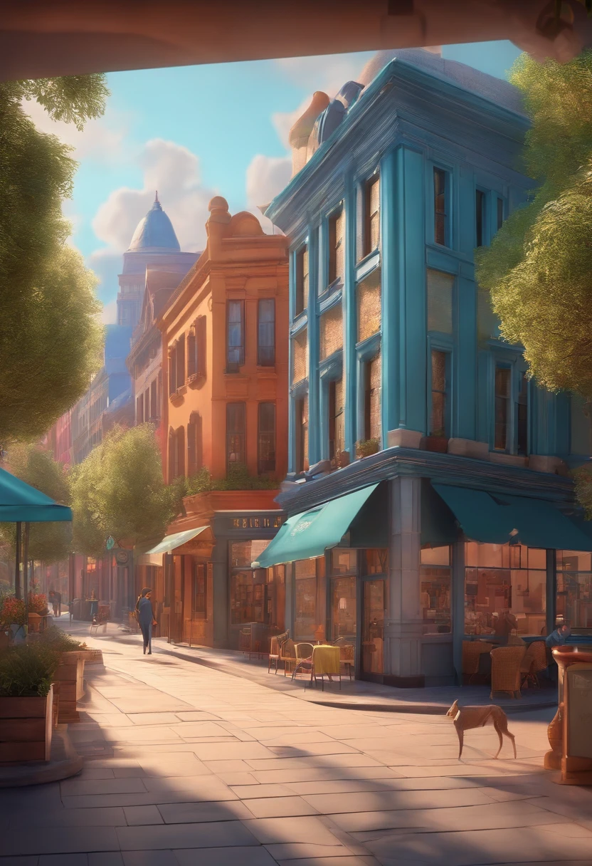 Pixar 3D style drawing of a slimming clinic in the city center with a character in the foreground