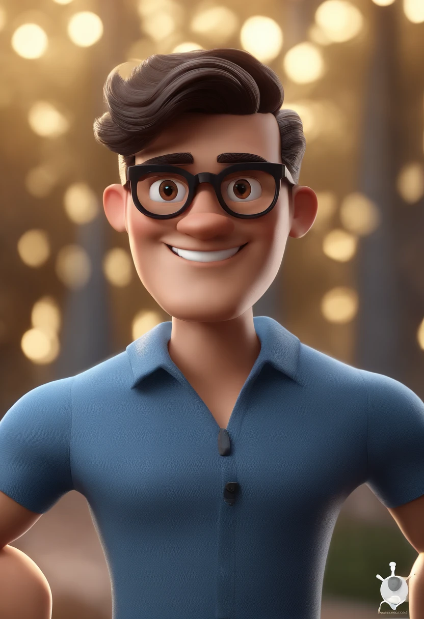 Cartoon character of a man with black glasses and a blue shirt, animation character, Caractere estilizado, animation style rendering, 3D estilizado, Arnold Maya render, 3 d render stylized, toon render keyshot, Personagem 3D, Personagem 3D, 3d rendering stylized, 3 d character render, personagem de desenho animado, Personagem de close up, Pose de personagem,  (Estilo Pixar) (master part:1.2) (Bokeh) (best quality) (pele detalhada) (textura detalhada) (8k) (argila) (Cinematic lighting) (foco nítido