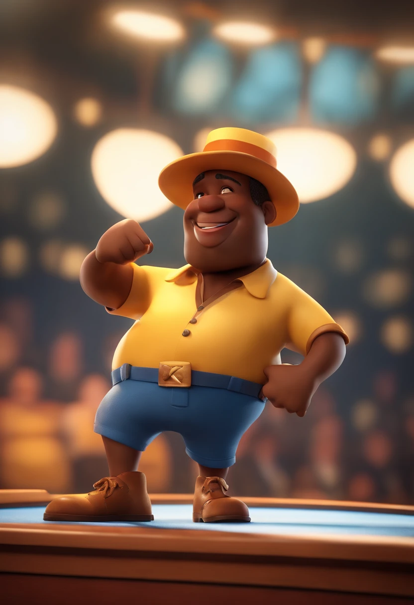 Cartoon character of a 46-year-old obese black man wearing samba hat on stage .um personagem animado, Caractere estilizado, animation style rendering, 3D estilizado, Arnold Maya render, 3 d render stylized, toon render keyshot, Personagem 3D, Personagem 3D, 3d rendering stylized, 3 d character render, personagem de desenho animado, Personagem de close up, Pose de personagem, (Estilo Pixar) (master part:1.2) (Bokeh) (best quality) (pele detalhada) (textura detalhada) (8k) (argila) (Cinematic lighting) (foco nítido，Senta e vaza a parte superior do corpo