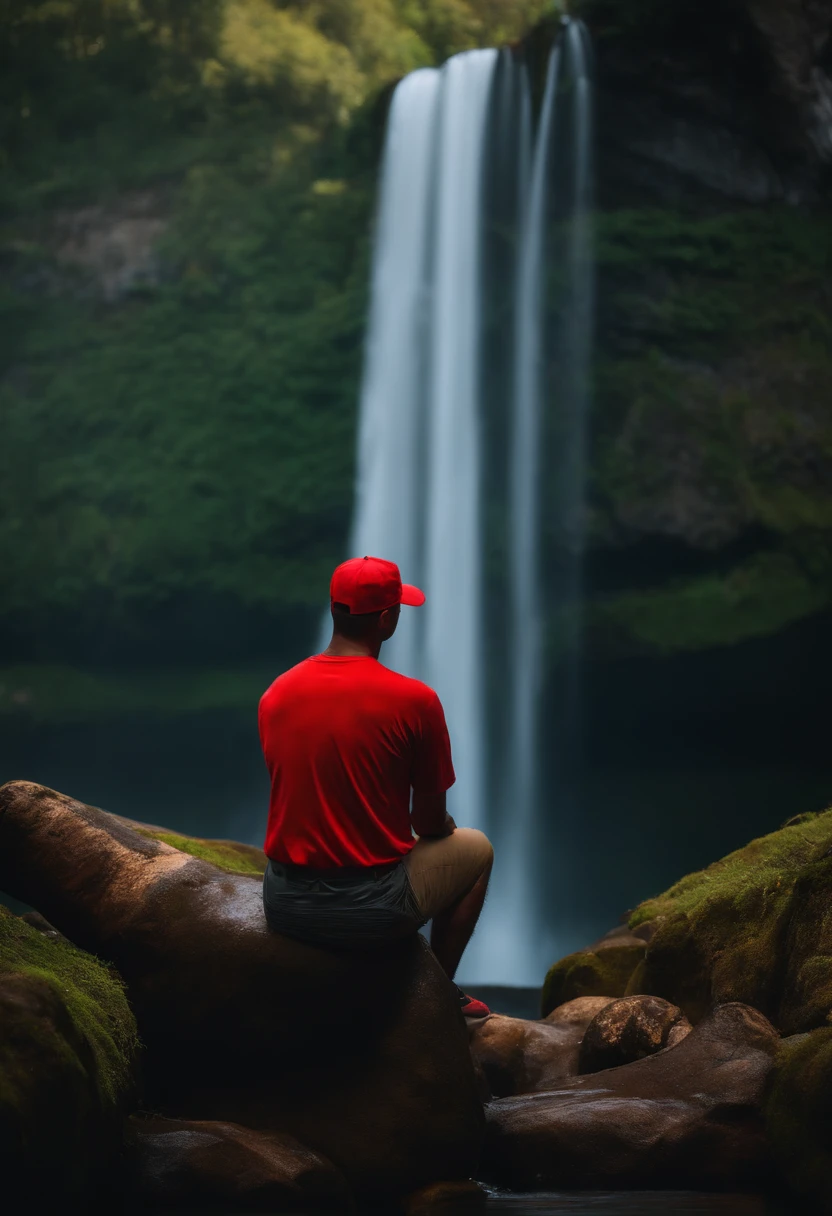 Um filme inspirado na Disney Pixar (homem na beira de uma cachoeira) wearing a red cap watching the waterfall