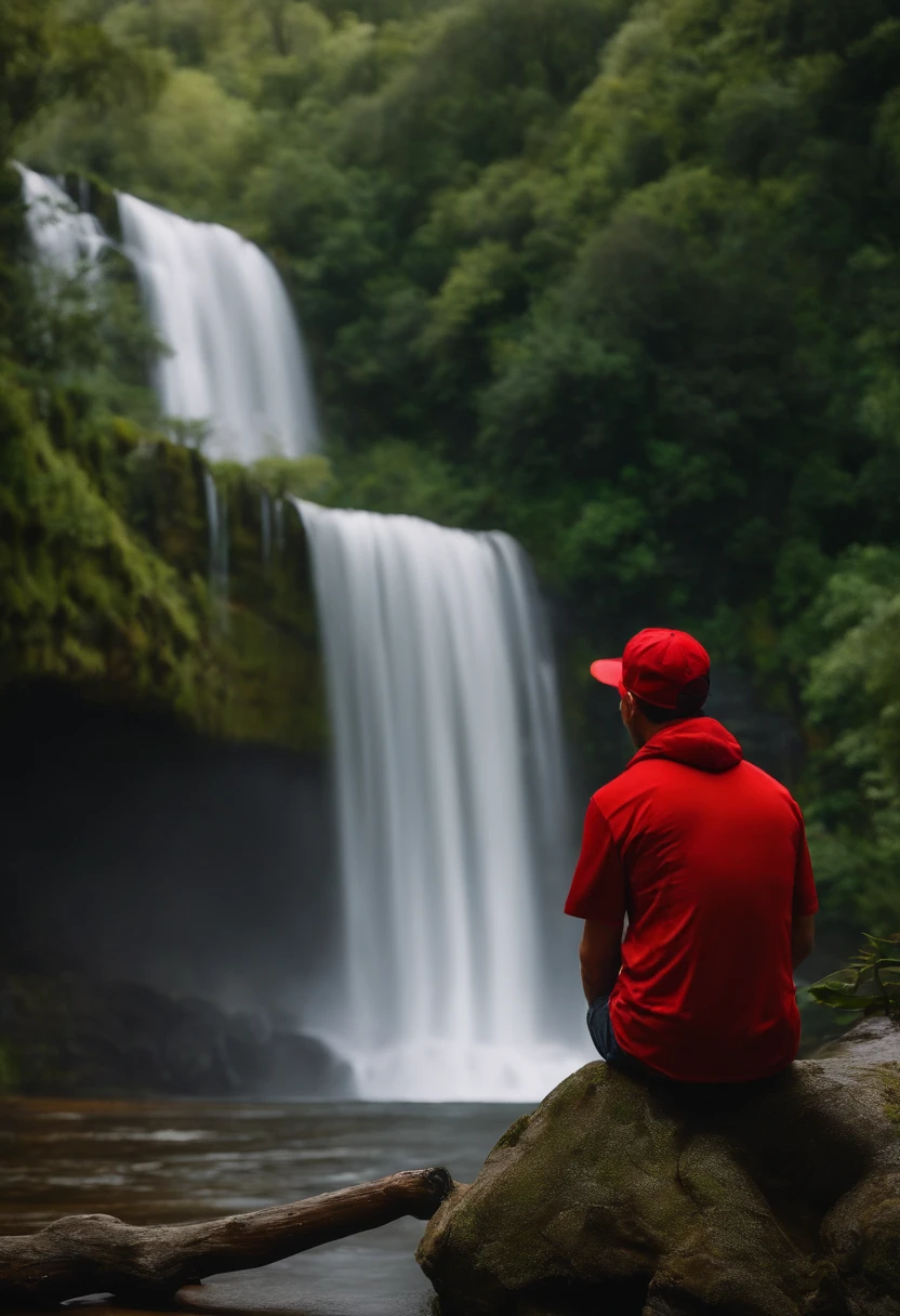 Um filme inspirado na Disney Pixar (homem na beira de uma cachoeira) wearing a red cap watching the waterfall