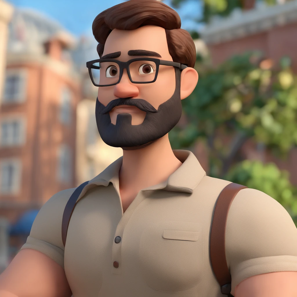 Make a Pixar-style character. He is a 30-year-old man, with a beard, white, with short brown hair and a quiff, and brown eyes. He must be in front of a computer, working as a designer