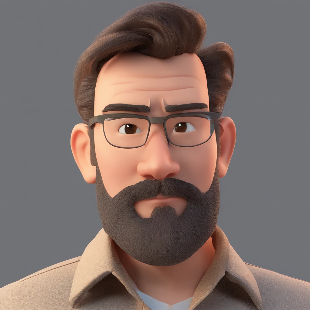 Make a Pixar-style character. He is a 30-year-old man, with a beard, white, with short brown hair and a quiff, and brown eyes. He must be in front of a computer, working as a designer