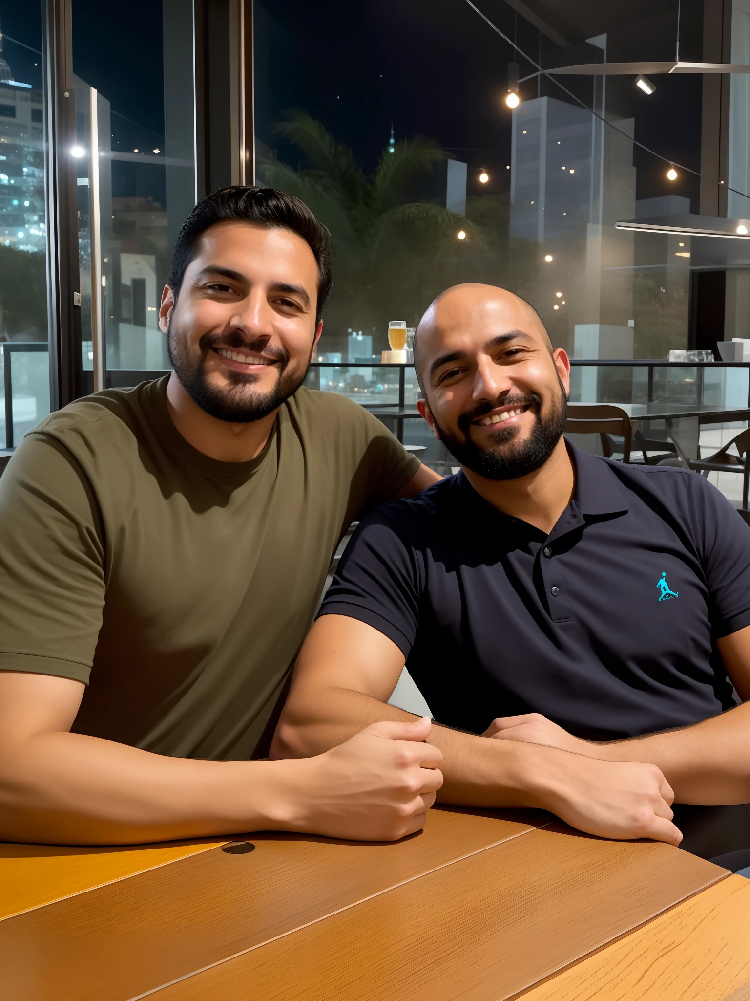 two men sitting at a table with a beer in front of them, pablo carpio and jordan grimmer, ghutra and egal, mars ravelo and greg rutkowski, in sao paulo, by Nándor Katona, josan gonzalez and tyler edlin, two buddies sitting in a room, by Matteo Pérez, avatar image, by Luis Miranda