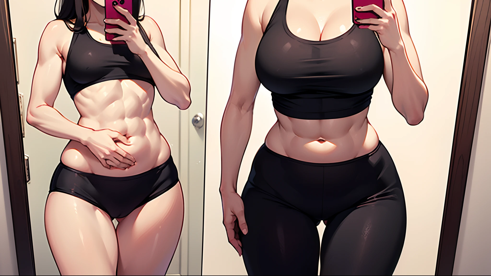there is a woman taking a selfie in a mirror, her belly is fit, large thighs, insanely fit hips, wide hips, skinny waist and fit hips, fit body, fit pic, varying fitness