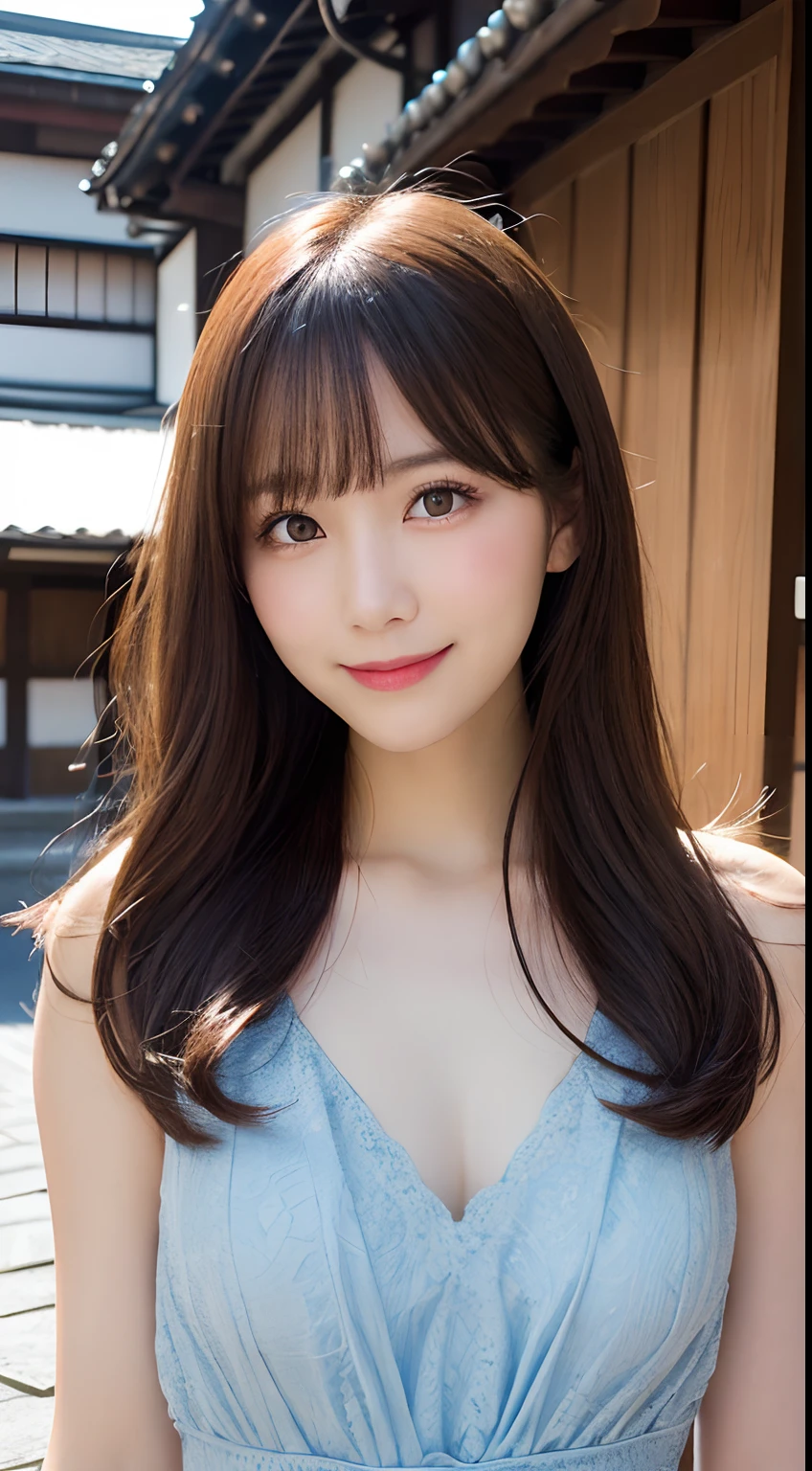 masutepiece, Best quality, illustration, Ultra-detailed, finedetail, A high resolution, 8K wallpaper, Perfect dynamic composition, Beautiful detailed eyes, summer dress,Medium hair, Mid-chest, Natural color lips, Random and sexy pose,Smile,Kyoto Gion