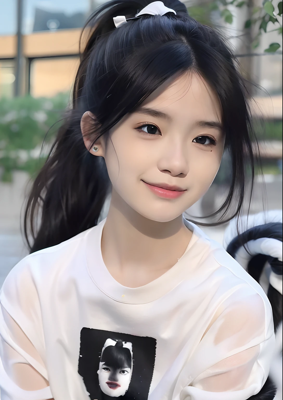 best quality, (photorealistic:1.2), 1girl, solo, shiny skin, detailed face, face focus, black hair, ponytail, (looking at viewer:1.5), black eyes, (one eye closed), white shirt, torn jeans, (photo:0.8) of
