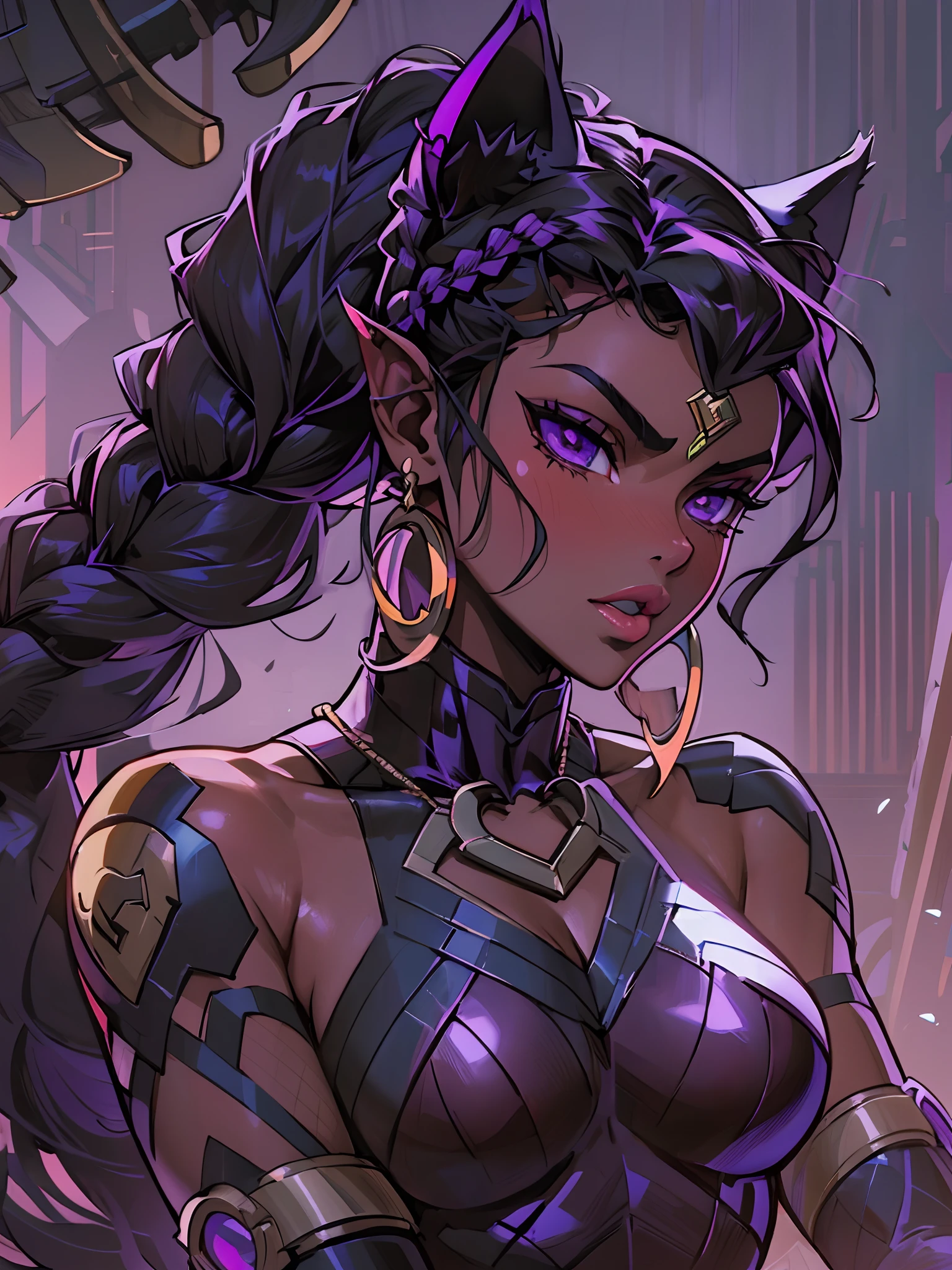 Portrait, Masterpiece, Excellent, 1girl, solo, complex details, color diffusion, close-up, dark-skinned female, Miqo'te female, cat ears, black hair, dark hair, dreadlocks, purple eyes, skimpy attire, epic attire, badass, demon, goddess, super villain, Sci-Fi, Fantasy