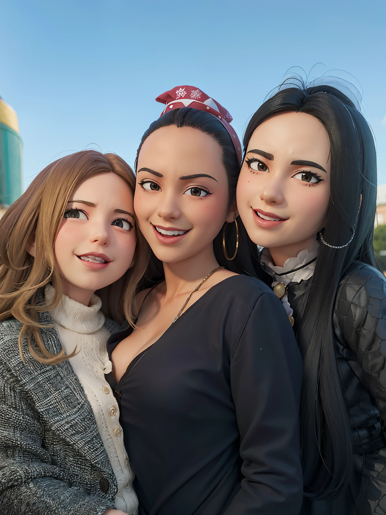 There are three girls in dresses and hats posing for a photo, fanart oficial, DDLC, kawaii hq render, anime estilizado, feito com anime painter studio, anime estilo 3d, official rendering, promotional render, idolmaster, anime estilizado, bonito 3 d render, [ arte digital ]!!, pose fofa, Estilo anime 3D realista