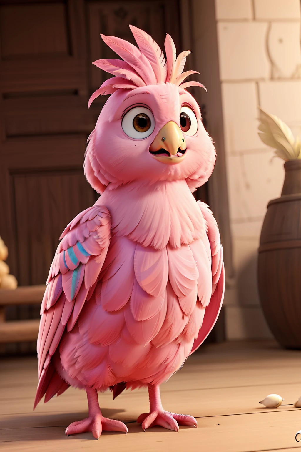 Cacatua galah muito fofa no estilo Disney Pixar, With her feathers on her pink head, nas asas penas cinzas claras