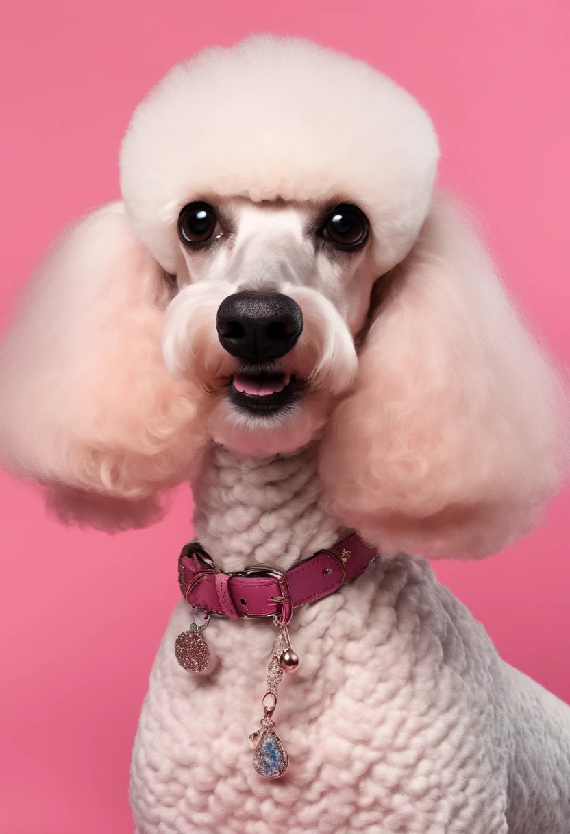 Poodle gigante femea cinza tigrada estilo Disney pixar na mesa de tosa rosa com fundo de azulejos brancos escrito "Estrela "
