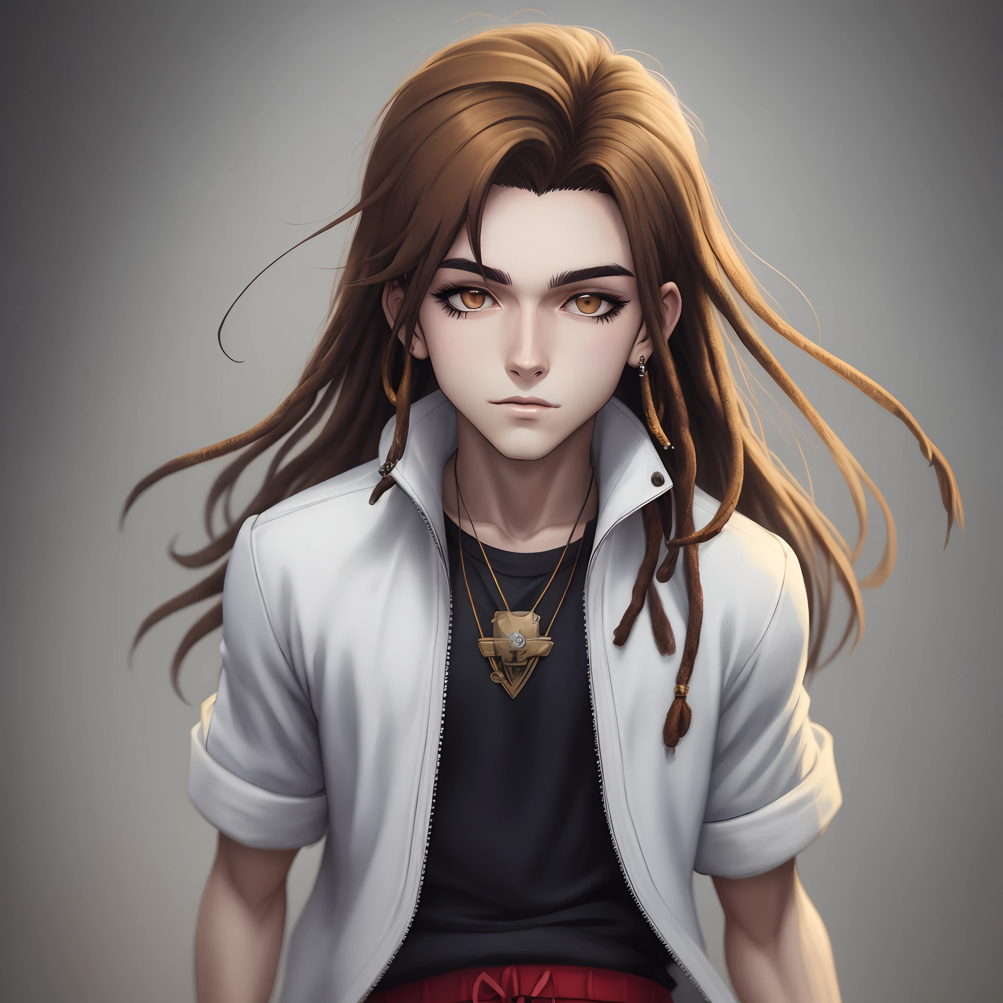 Jovem de pele escura com olhos pretos e uma jaqueta preta, dreadlocks vermelhos escuro, cabelo estilo dreadlock, piercings no rosto,estilo anime, colorful sketch, conceito de personagem irrealista, Retrato do conceito do personagem de mim, retrato detalhado do caractere, personagem estilo anime, retrato estilo anime, um retrato de personagem, cel - estilo de arte sombreado, Seu traje consiste em uma regata, branca,com shorts pretos,inspirado em King of Fighters