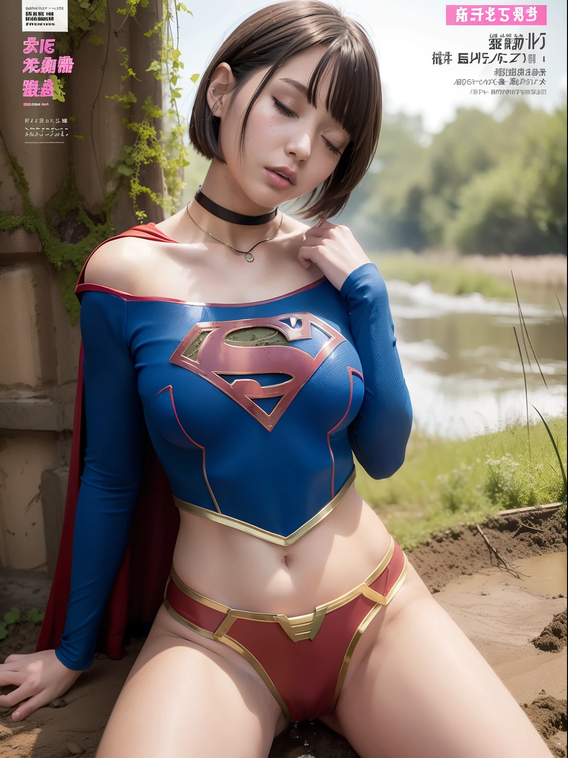masterpiece、Short-haired Supergirl sleeping in a swamp、large full breasts、a choker、Looking at the camera、Enamel costume、Crotch、wounded、Mud stains、Covered with clay、Exhausted、Weekly magazine cover、Masturbation、cum on、a miniskirt