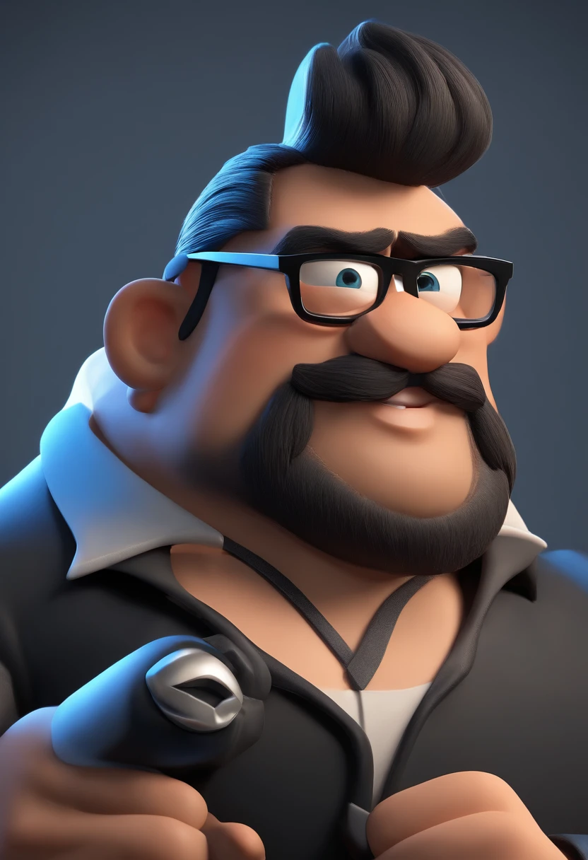 Cartoon character of a man with black glasses, forte, cabelo grisalho partido de lado, com 1.60 de altura e uma camisa azul, animation character, Caractere estilizado, animation style rendering, 3D estilizado, Arnold Maya render, 3 d render stylized, toon render keyshot, Personagem 3D, Personagem 3D, 3d rendering stylized, 3 d character render, personagem de desenho animado, Personagem de close up, Pose de personagem, (Estilo Pixar) (master part:1.2) (Bokeh) (best quality) (pele detalhada) (textura detalhada) (8k) (argila) (Cinematic lighting) (foco nítido