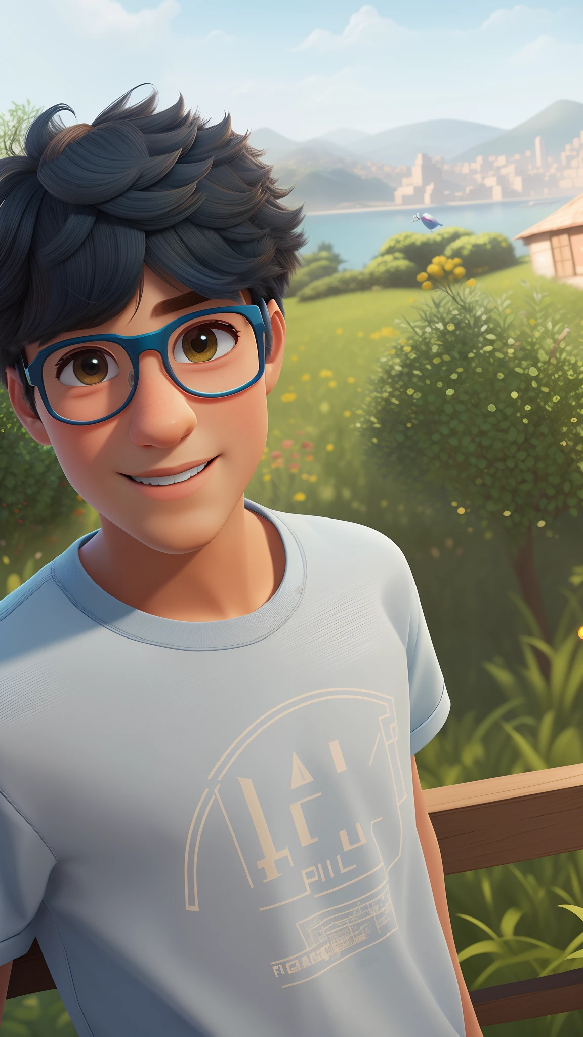 There's a boy with glasses standing on a wooden bench, pixarman rendering rendering, Pixar retrato 8 k foto, Como um personagem da Pixar, renderizar na Pixar, pixar octane render, Representado como um personagem da Pixar, pixar rendering, Modelo 3D Pixar Render, Pixar. octan render, Pixar 3D rendering, quadro do filme Pixar
