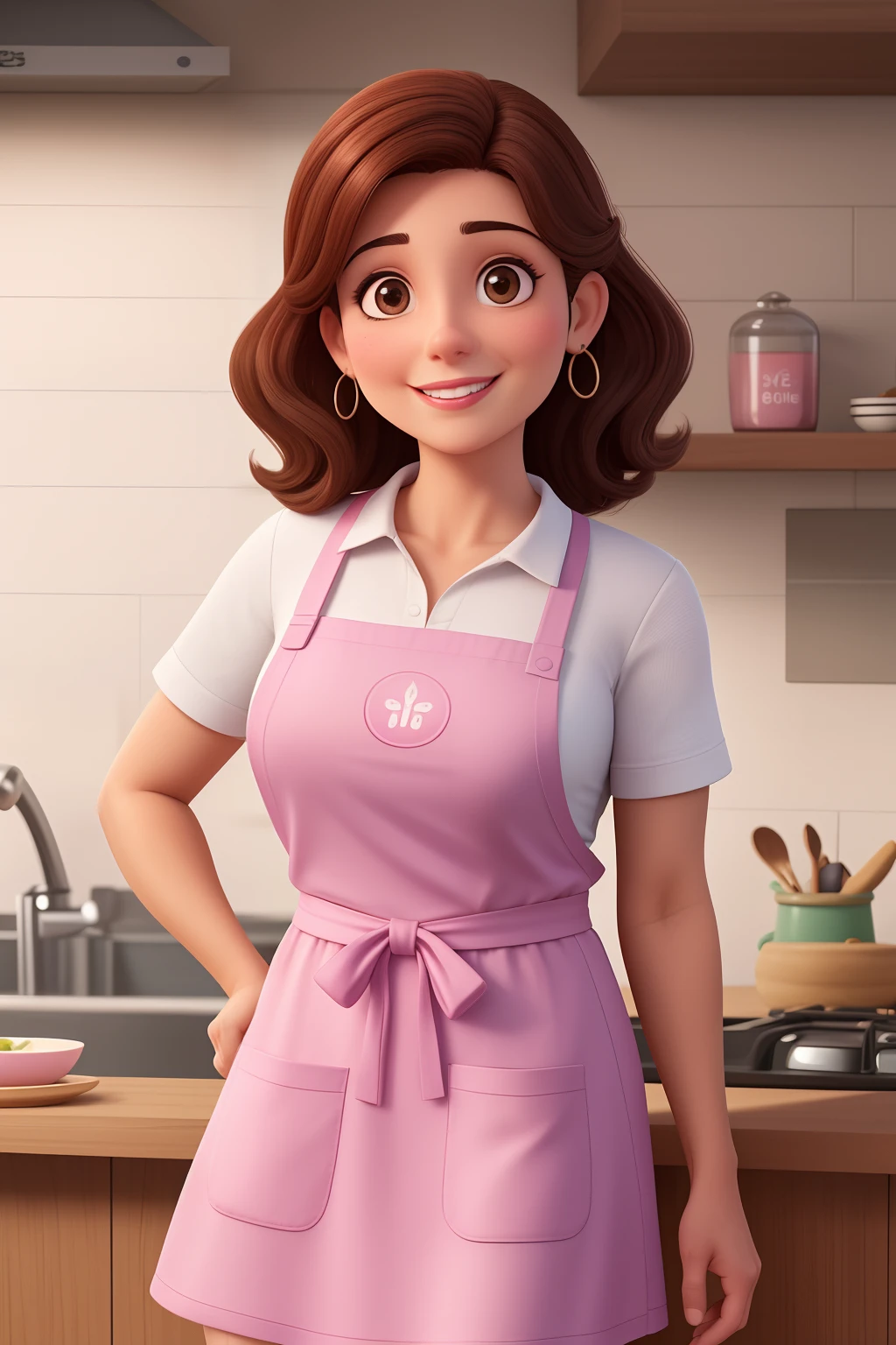 Uma mulher de 50 anos, confeiteira, with medium hair, castanho escuro, Rosto redondo, sorriso encantador, e olhos castanhos e levemente puxados, pele morena, Wearing a pink apron and fue in hand and working.