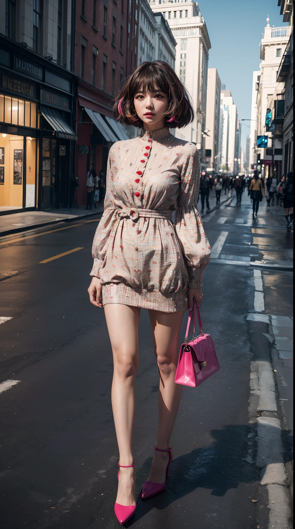 1 Beautiful fashion girl, (Colorful fashion heels),Stand in the middle of an empty city, Fashionab(Yayoi Kusama's pop art style)garments,concept-art, trending on artstationh, Intricate, high-density imaging review, Ultra-high definition, Studio lighting,physically-based renderingt, .(Best quality,4K,8K,A high resolution,Masterpiece:1.2),(Realistic,Photorealistic,photo-realistic:1.37).