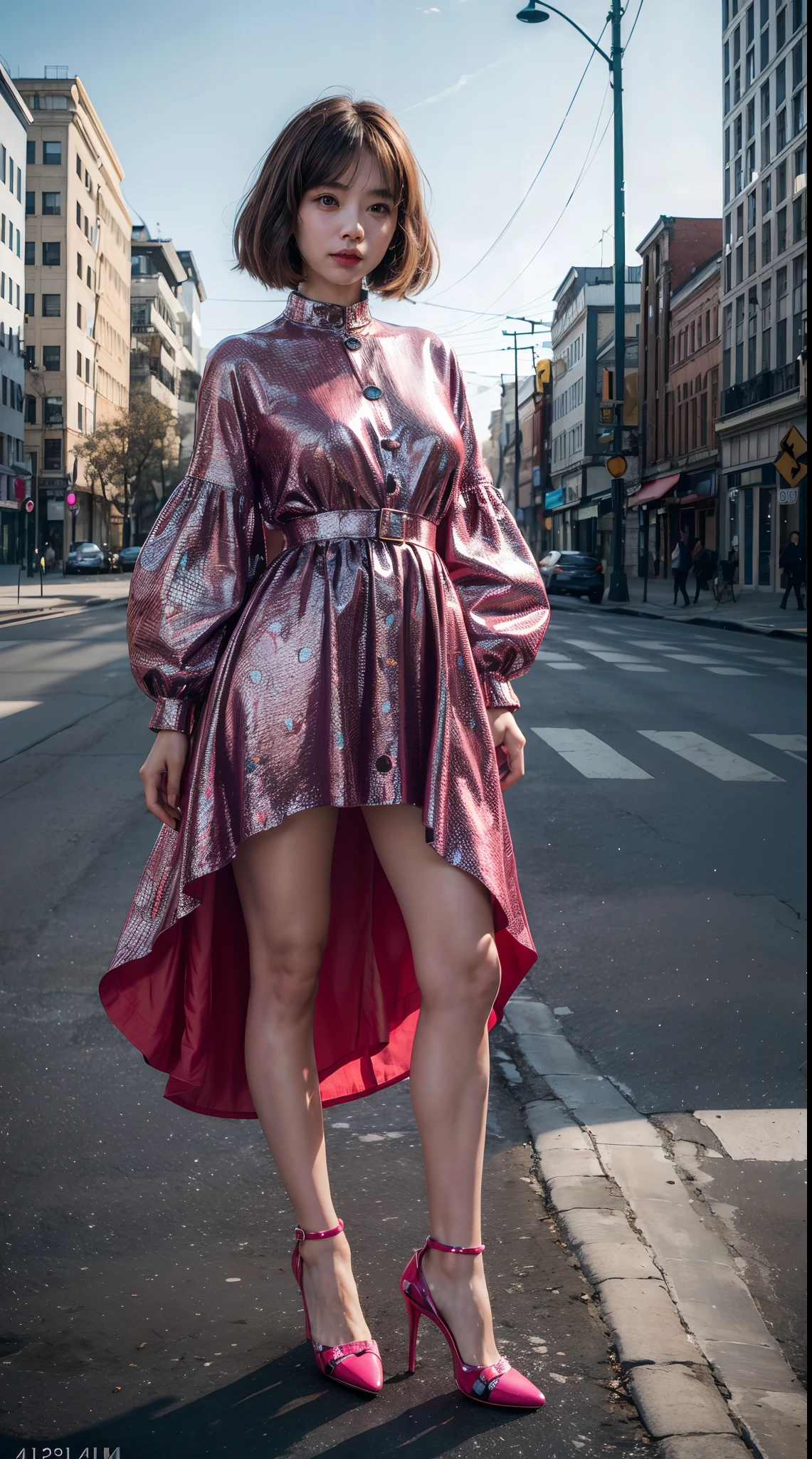 1 Beautiful fashion girl, (Colorful fashion heels),Stand in the middle of an empty city, Fashionab(Yayoi Kusama's pop art style)garments,concept-art, trending on artstationh, Intricate, high-density imaging review, Ultra-high definition, Studio lighting,physically-based renderingt, .(Best quality,4K,8K,A high resolution,Masterpiece:1.2),(Realistic,Photorealistic,photo-realistic:1.37).