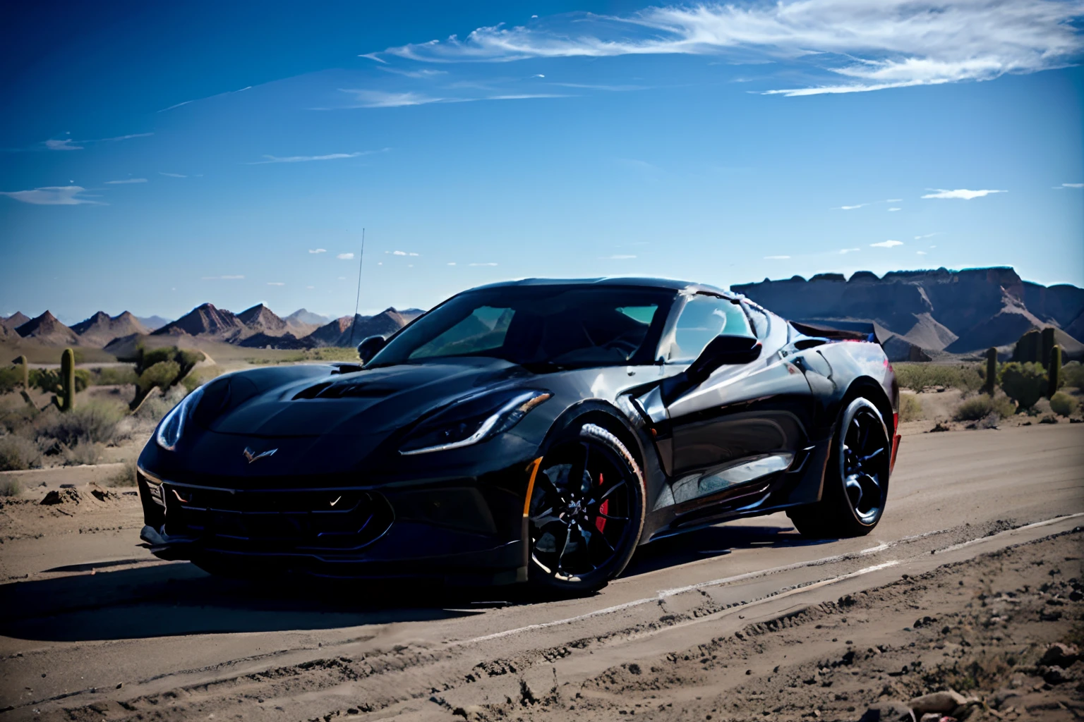 Masterpiece, best quality, 4k, automobile, black 2024 Chevrolet Corvette Stingray, Arizona desert backdrop, 3/4 view, cowboy shot, solo, single