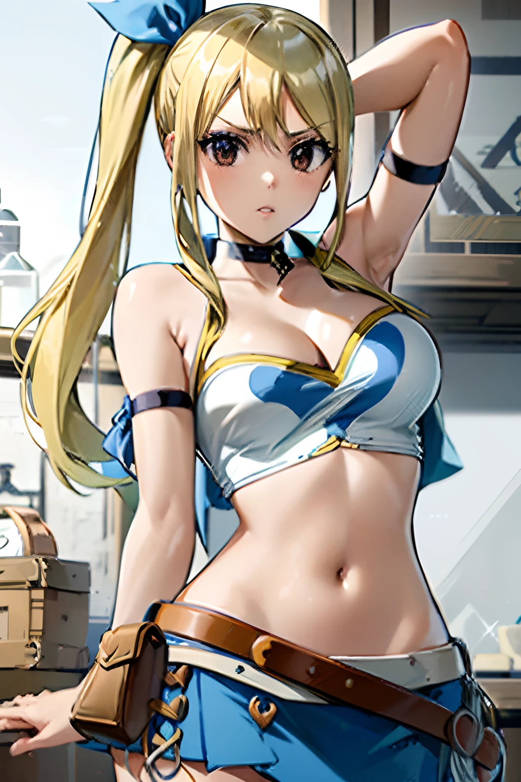 absurdres, high res, ultrasharp, 8K, masterpiece, lucy heartfilia, blonde hair, long hair, twintails, large breasts, sleeveless, belt, blue skirt, detached sleeves, midriff, cropped vest, strapless, side ponytail, white skirt, sleeveless shirt, earrings, blue ribbon, solo, 1girl