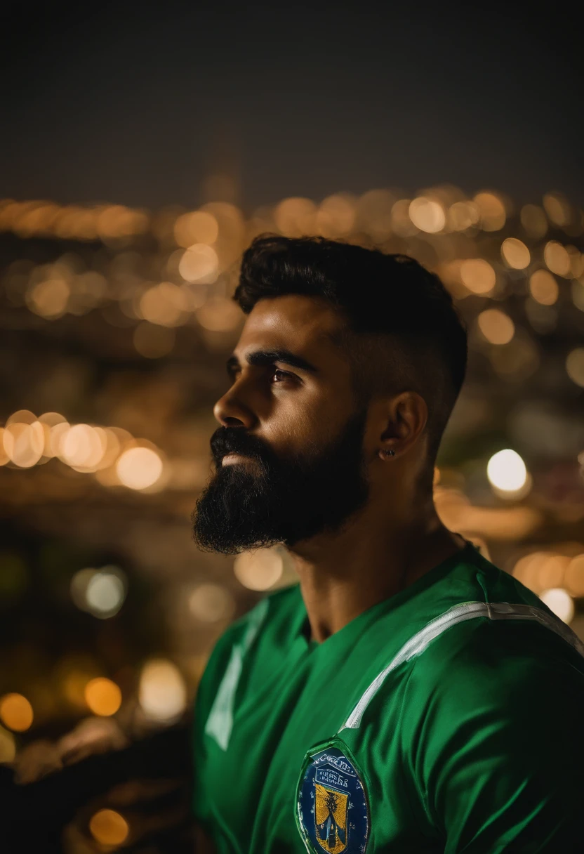 Imagem de um homem com barba e olhos verdes com a camisa do time cruzeiro sentado em uma escada no rio de janeiro olhando para o Cristo Redentor