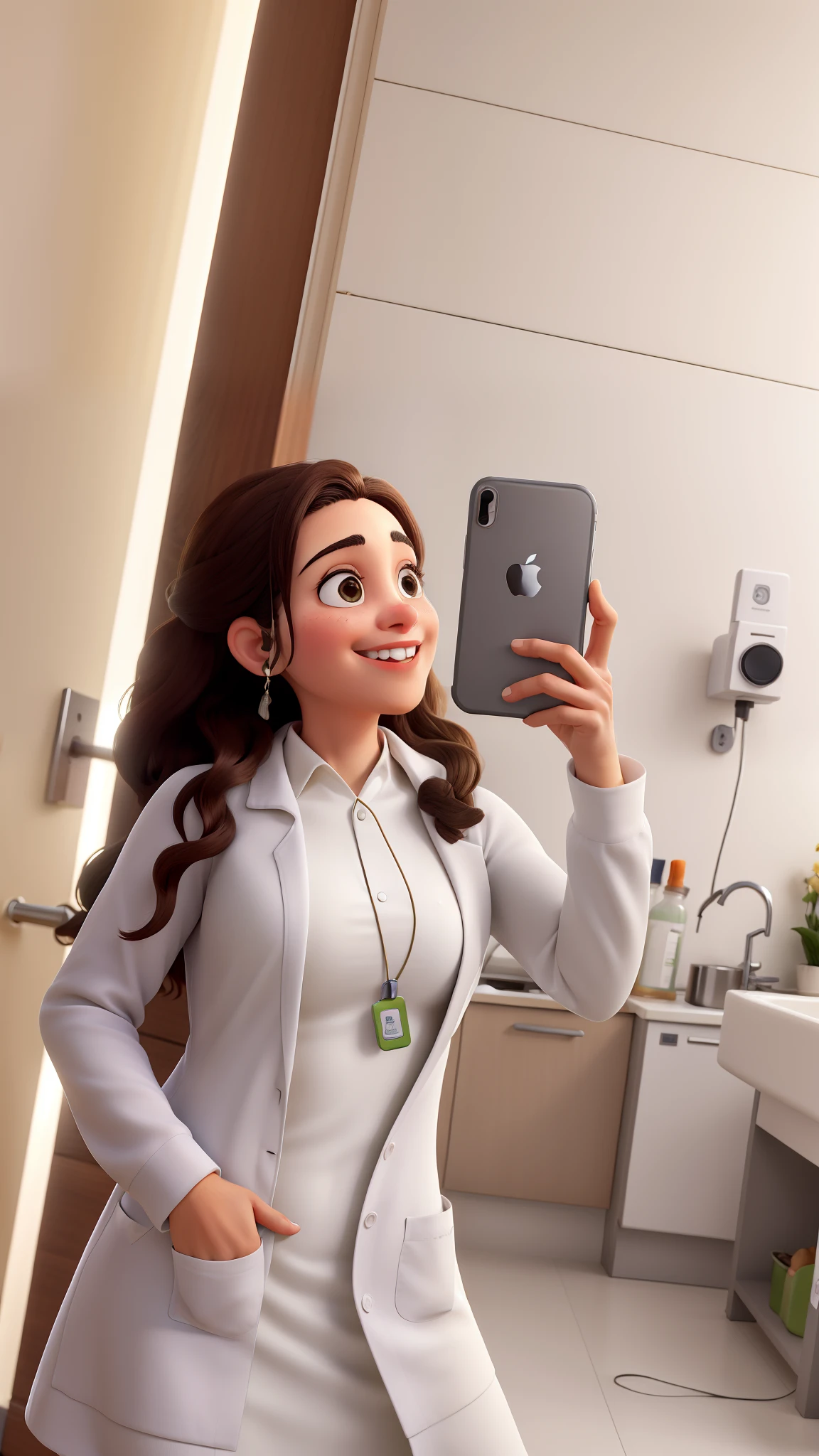 Uma nutricionista com seu jaleco branco, loira , tirando foto no espelho de um banheiro com o seu iPhone, she is very beautiful, has delicate facial features, olhos castanhos, Hand in lab coat pocket, cabelos amarelos, sorrindo sem mostrar os dentes, hair yellow
