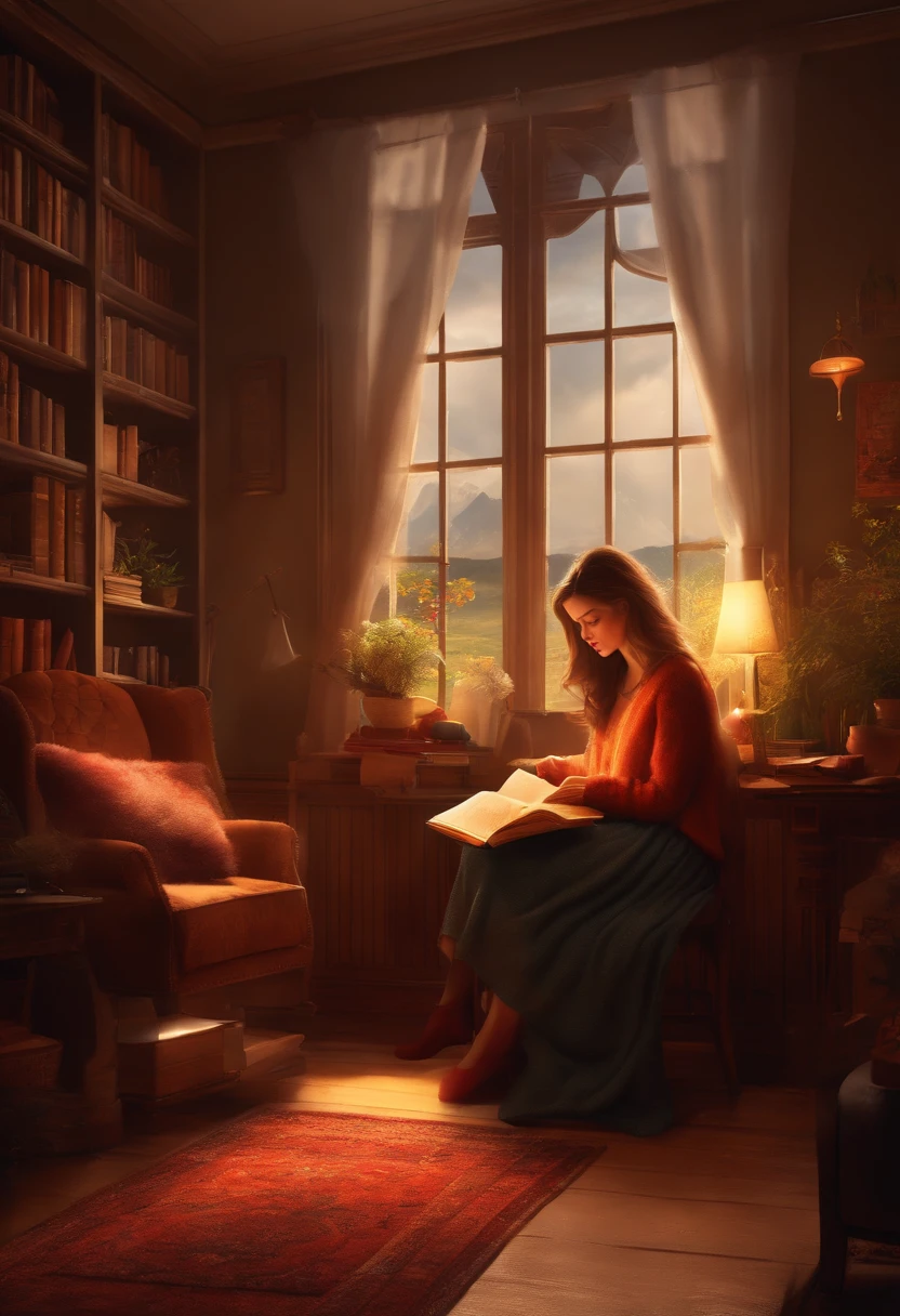 cozy room, snowing outside, realistic, high definition, rough weather, warm lighthing, girl studying