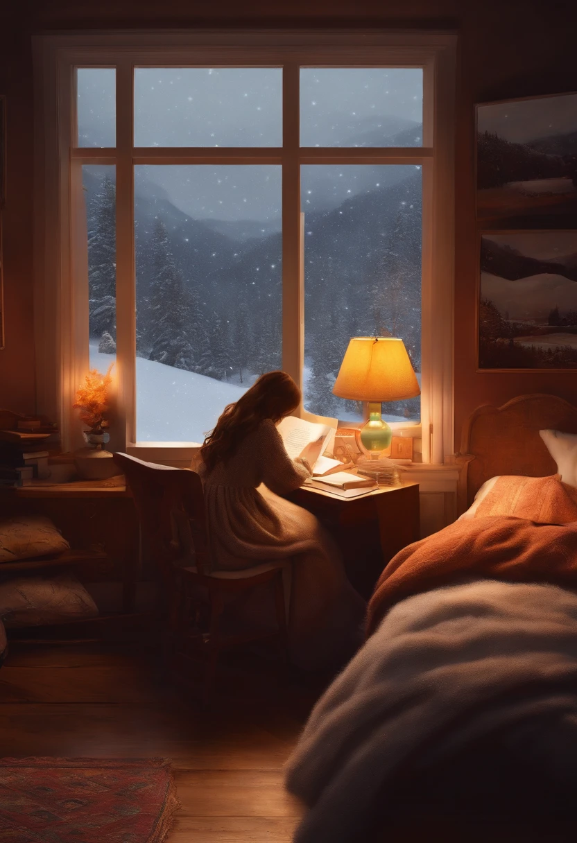 cozy room, snowing outside, realistic, high definition, rough weather, warm lighthing, girl studying