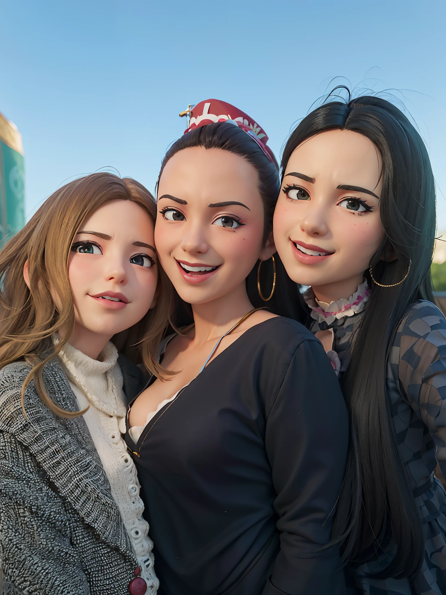 There are three girls in dresses and hats posing for a photo, fanart oficial, DDLC, kawaii hq render, anime estilizado, feito com anime painter studio, anime estilo 3d, official rendering, promotional render, idolmaster, anime estilizado, bonito 3 d render, [ arte digital ]!!, pose fofa, Estilo anime 3D realista