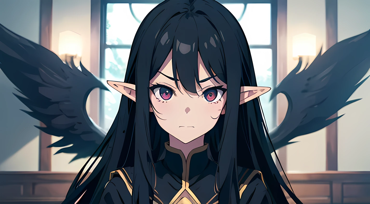 elf girl, looking at viewers, long black hair, dark color, ghotic style, black clothes, pervert facial expression, moe and cute, good anatomy, detailed face, 4k, bedroom