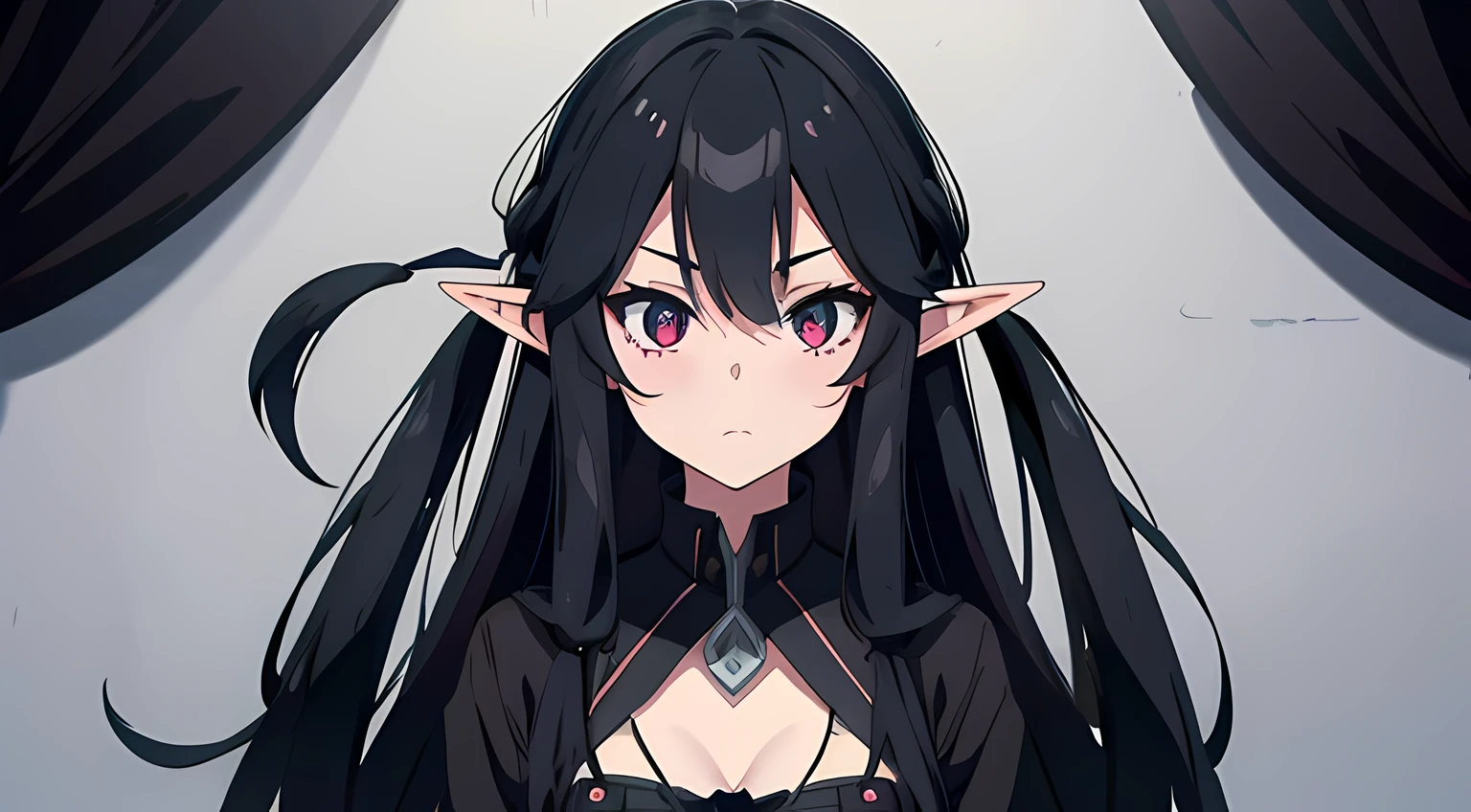 elf girl, looking at viewers, long black hair, dark color, ghotic style, black clothes, pervert facial expression, moe and cute, good anatomy, detailed face, 4k, bedroom