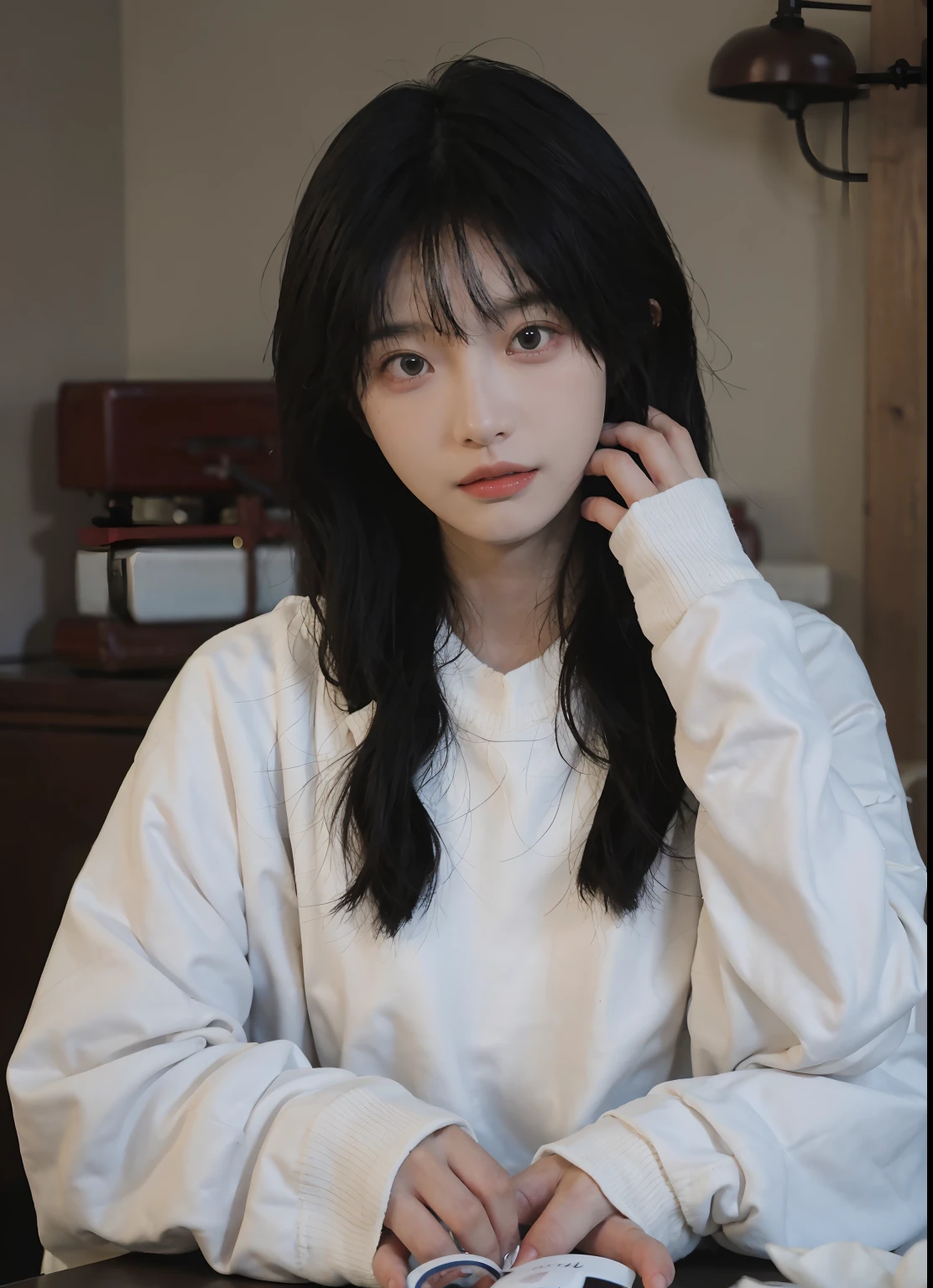 best qualtiy, 超高分辨率, (realisticlying:1.4), A woman with long black hair and a gray sweater, 中景 the scene is, She has black hair,By bangs, young lovely Korean faces, wan adorable korean face, ulzzangs, Shin Jinying, beautiful aesthetic face, Korean face features, Played by Liu Lee Ji Eun ,Beautiful realistic face
