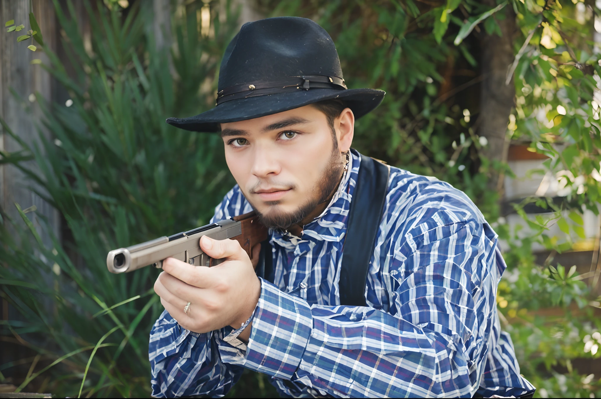 There's a man with a hat and suspenders holding a gun, Nostalgia critique, foto de perfil headshot, retrato do homem robusto, taken in the early 2020s, Foto de um ensaio promocional, Foto de perfil, wearing 1850s era clothes, vestindo roupas 1 8 5 0 s era, wearing clothes from the 1860s