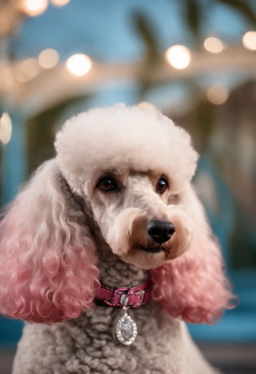 Poodle gigante femea cinza tigrada estilo Disney pixar com focinho raspado sem pelos e topete alto na mesa de tosa rosa com fundo de azulejos brancos escrito "Estrela "