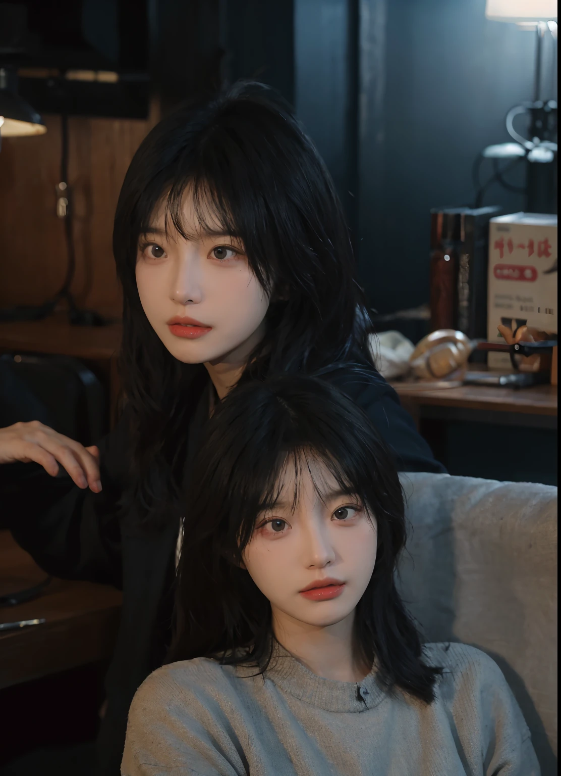 best qualtiy, 超高分辨率, (realisticlying:1.4), A woman with long black hair and a gray sweater, 中景 the scene is, She has black hair,By bangs, young lovely Korean faces, wan adorable korean face, ulzzangs, Shin Jinying, beautiful aesthetic face, Korean face features, Played by Liu Lee Ji Eun ,Beautiful realistic face